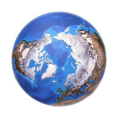 Arctic region viewed from a satellite. Physical map of North Pole in winter, February. 3D illustration of planet Earth isolated on white, with high bump effect - Elements of this image furnished by NASA.