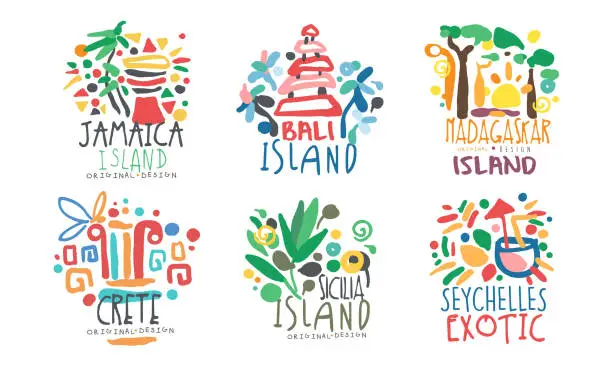 Vector illustration of Tropical Exotic Islands Logo Design, Jamaika, Bali, Madagascar, Crete, Sicilia, Seychelles Vector Illustration