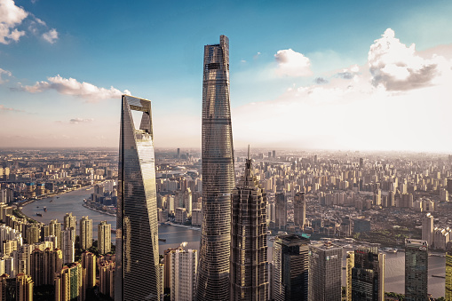 drone point aerial view of Shanghai tower, SWFC&Jinmao tower.