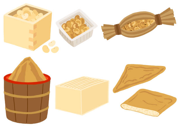 stockillustraties, clipart, cartoons en iconen met japanse voedsel sojabonen produceren, natto, miso pasta, tofu en gefrituurde bonen wrongel - natto