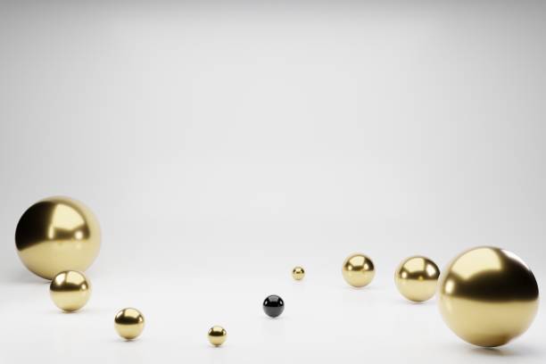 istock Shapes 3d abstract geometric background. Golden balls, white spheres rendering. Flying polygonal spheres in empty space. Futuristic background with bokeh effect. Poster design 1212681395