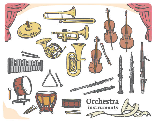 Classical orchestra instruments set. Classical orchestra instruments set. Vector illustration. antique french horn pic stock illustrations