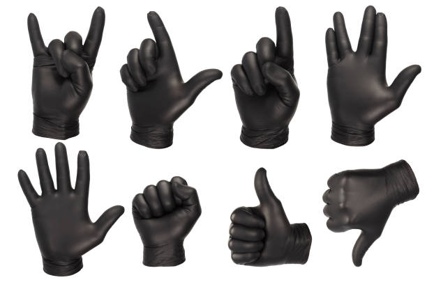 various hand gestures in black gloves various hand gestures in black gloves surgical glove stock pictures, royalty-free photos & images