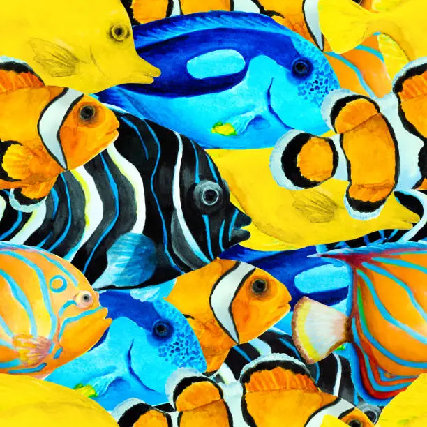 Seamless pattern of colorful tropical fish (angelfish, clownfish, blue tang), hand drawn watercolor illustratiion.