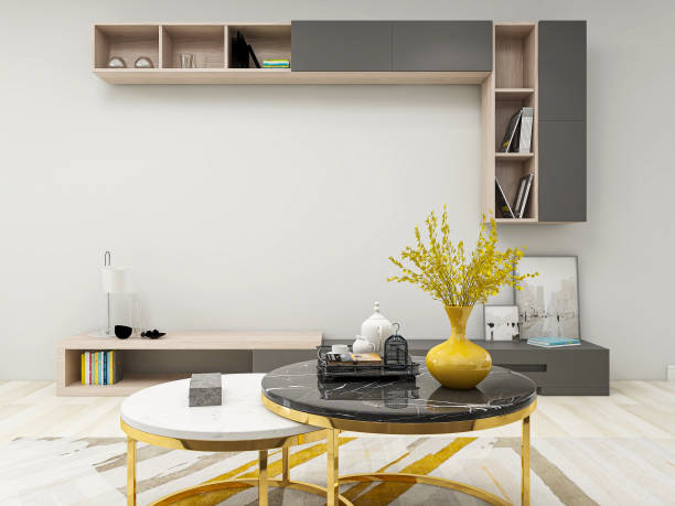 istock 3D rendering, simple modern living room sofa with coffee table, with green plants on the table. 1212685324