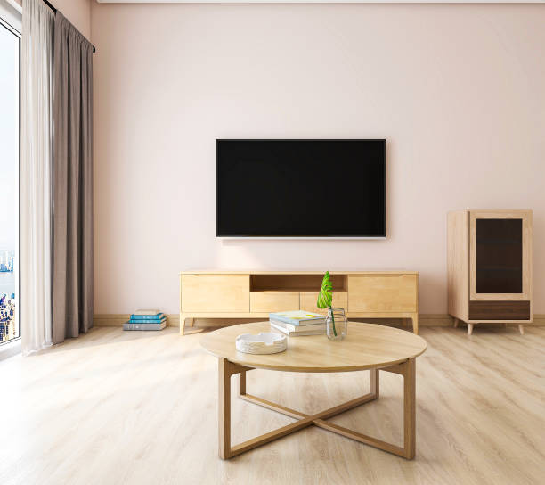 istock 3D rendering, simple modern living room sofa with coffee table, with green plants on the table. 1212685336