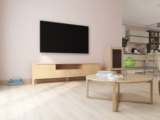 istock 3D rendering, simple modern living room sofa with coffee table, with green plants on the table. 1212685338