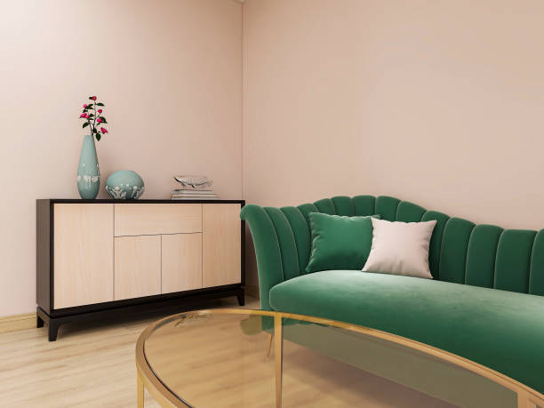 istock 3D rendering, simple modern living room sofa with coffee table, with green plants on the table. 1212685353