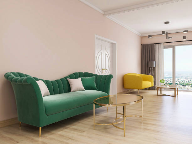 istock 3D rendering, simple modern living room sofa with coffee table, with green plants on the table. 1212685360