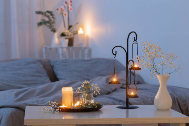 istock antique candlestick with burning candles in bedroom 1212685734