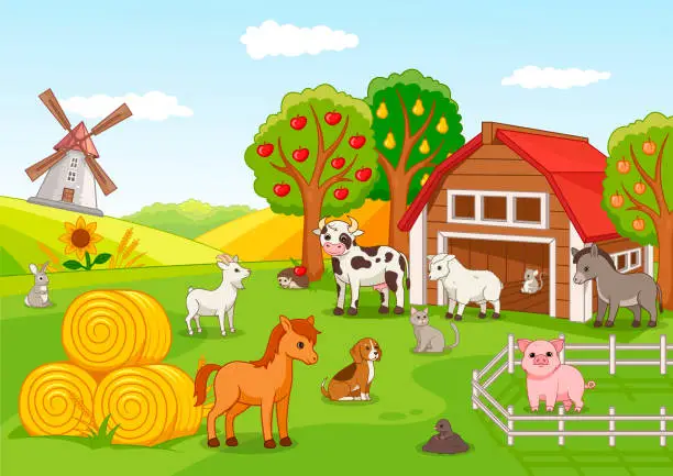 Vector illustration of Colorful farmyard with animals and fruit orchard