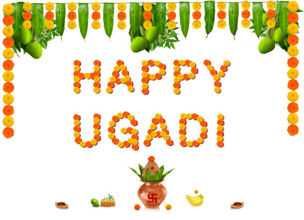 Happy Ugadi Greeting Card Background With Decorated Kalash and mangoes traditional new year festival in karnataka andra paradesh and tamil nadu tamil varusha pirappu Happy Ugadi Greeting Card Background With Decorated Kalash and mangoes traditional new year festival in karnataka andra paradesh and tamil nadu tamil varusha pirappu Telugu New Year wishes stock pictures, royalty-free photos & images