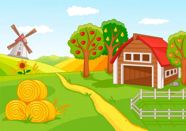 Vector illustration of Colourful farm landscape with fruit orchard