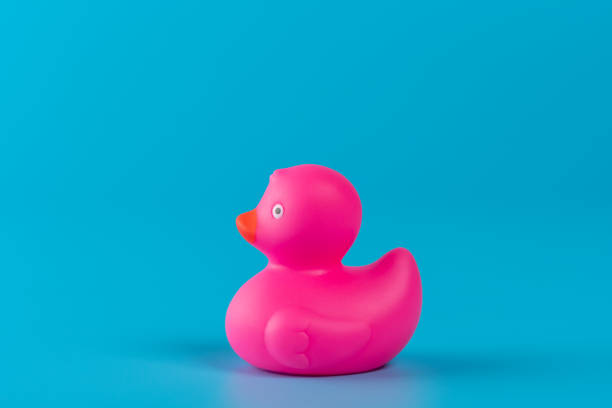 istock Pink rubber duck on blue background. Summer minimal concept. 1212688978
