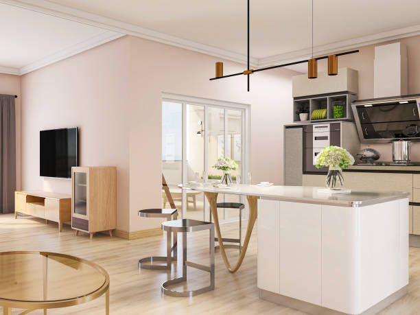 istock 3D rendering, open dining room kitchen with bar and chairs, clean and tidy kitchen, sunny and spacious dining room 1212689096