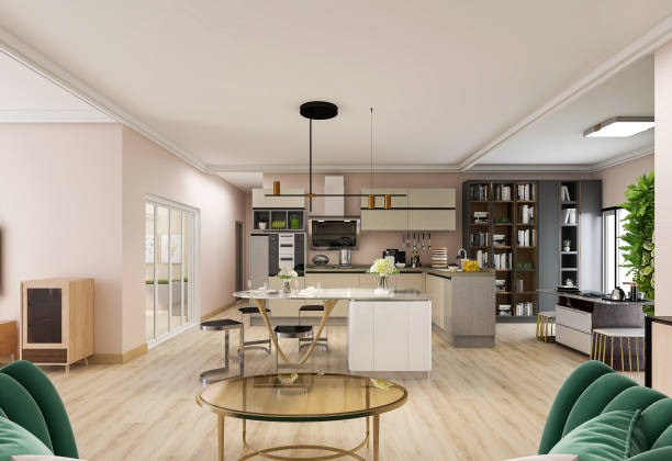 istock 3D rendering, open dining room kitchen with bar and chairs, clean and tidy kitchen, sunny and spacious dining room 1212689102