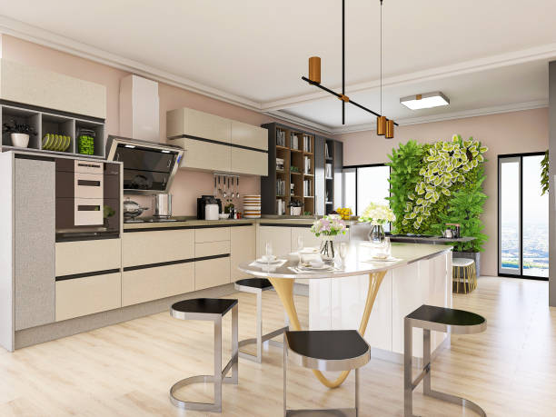 istock 3D rendering, open dining room kitchen with bar and chairs, clean and tidy kitchen, sunny and spacious dining room 1212689103