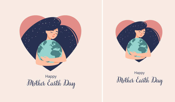 ilustrações de stock, clip art, desenhos animados e ícones de woman with a globe in her hands in shaped heart and the text happy mother earth day - earth globe mother child