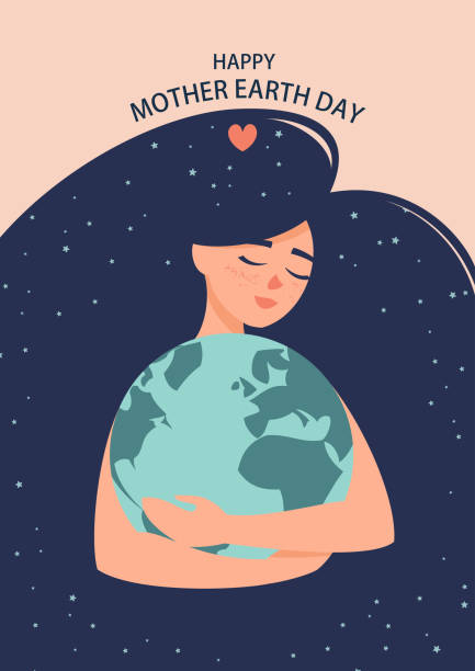 ilustrações de stock, clip art, desenhos animados e ícones de woman with a globe in her hands and the text happy mother earth day - earth globe mother child