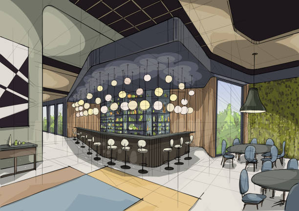 Illustration of interior design Vector illustration of architectural interior design. In the style of drawing. (Ai10 eps with transparency effect) pics of restaurant ceiling design stock illustrations