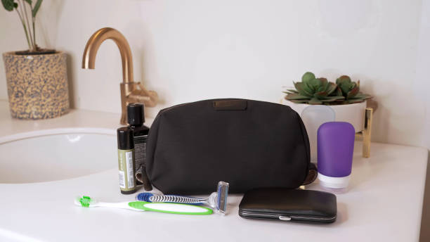 cosmetic bag for travel. - personal organizer telephone group of objects diary imagens e fotografias de stock