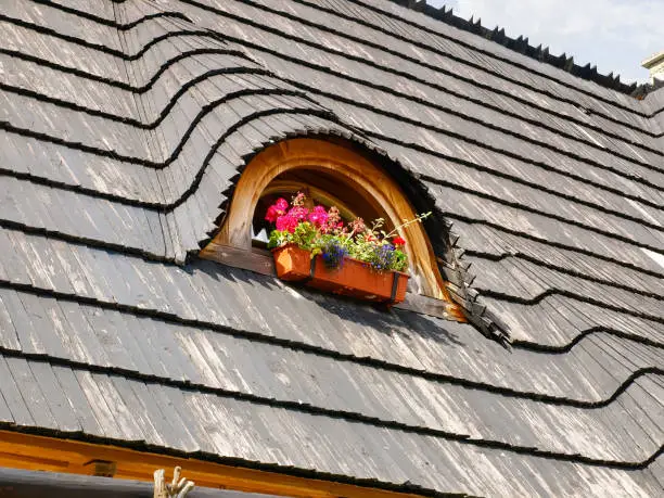 Fragment of roof building made with wooden shingles with eyebrow dormer window and flowers in flower box before him