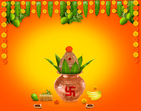 Happy Ugadi Greeting Card Background With Decorated Kalash and mangoes traditional new year festival in karnataka andra paradesh  and tamil nadu tamil varusha pirappu