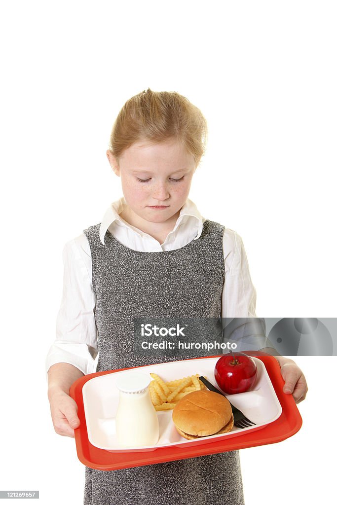 disapointed scuola ragazza con pranzo - Foto stock royalty-free di Pranzo scolastico