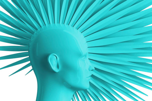 istock Abstract blue background with female profile and stylized defiant fashionable Mohawk hairstyle 3D illustration 1212696944