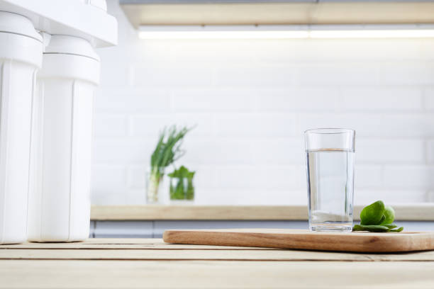 agua limpia con filtro de ósmosis y hojas verdes sobre mesa de madera en un interior de cocina. sistema de filtración doméstica. - distilled water fotografías e imágenes de stock