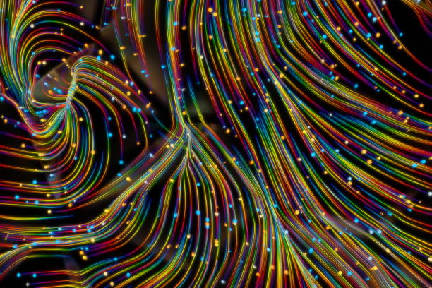 istock Neon glowing twisted cosmic lines on the glossy surface. Turbulence curls flow colorful motion. Fluid and smooth astronomy vortex swirl structure. 3d rendering Abstract creative modern background 1212699871