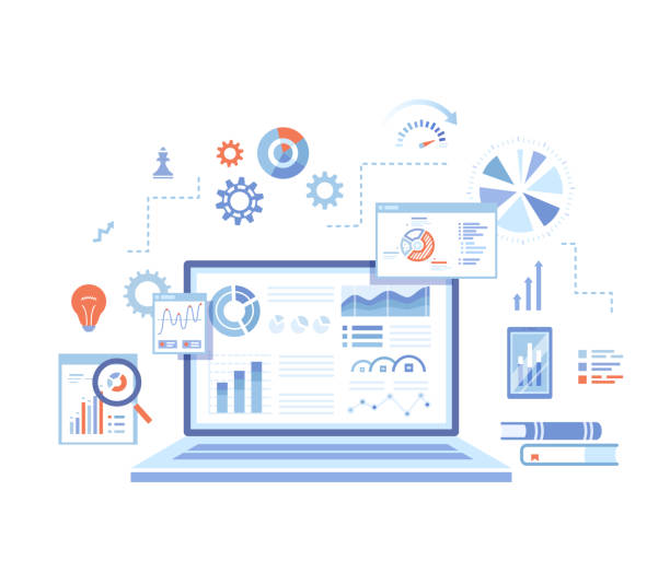 ilustrações de stock, clip art, desenhos animados e ícones de analytics concept, analysis, analyzing, data processing, success strategy. laptop with graphs and charts and  infographic elements. vector illustration on white background. - 180°