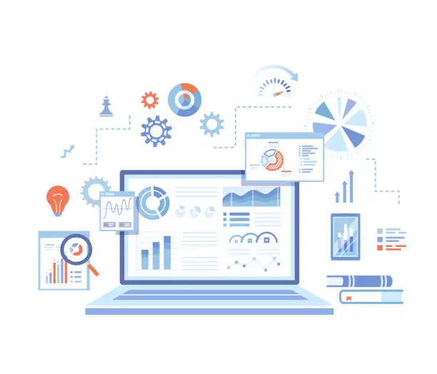 Vector illustration of Analytics concept, Analysis, Analyzing, Data processing, Success strategy. Laptop with graphs and charts and  Infographic Elements. Vector illustration on white background.