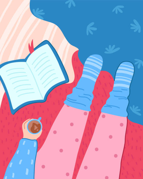 Literature fans people with books Morning reading book in cozy bedroom - open top view composition with people legs, book, coffee cup, girl reads in her bed, literature fans or lovers modern flat cartoon textured vector illustration woman legs open stock illustrations
