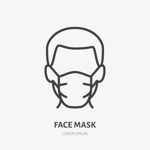 ilustrações de stock, clip art, desenhos animados e ícones de man in face mask line icon, vector pictogram of disease prevention. protection wear from coronavirus, air pollution, dust, flu illustration, sign for medical equipment store - flu virus hygiene doctor symbol