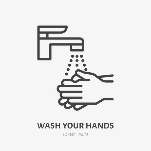 ilustrações de stock, clip art, desenhos animados e ícones de wash your hands line icon, vector pictogram of personal hygiene. disease prevention, hand disinfection illustration, sign for public restroom warning poster - washing hands