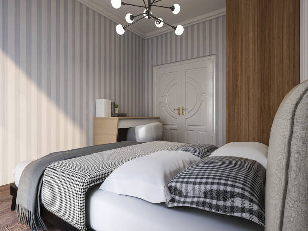 istock 3D rendering, modern design bedroom with bed, wardrobe, window and table next to it 1212703366