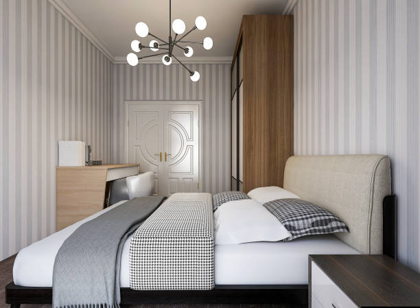 istock 3D rendering, modern design bedroom with bed, wardrobe, window and table next to it 1212703562