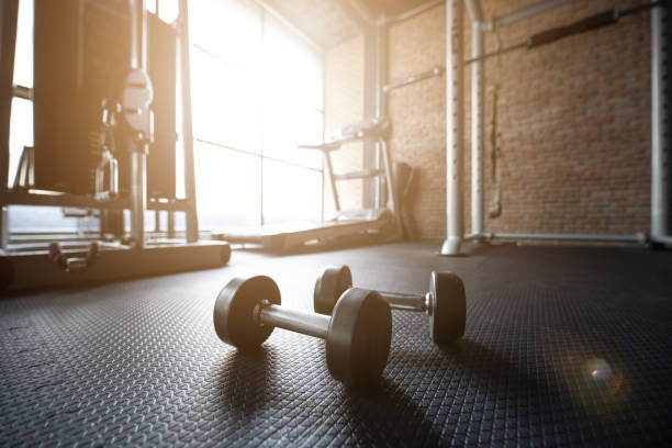 Gym Background With Fitness Equipment Stock Photo - Download Image Now - Gym,  Health Club, In Silhouette - iStock