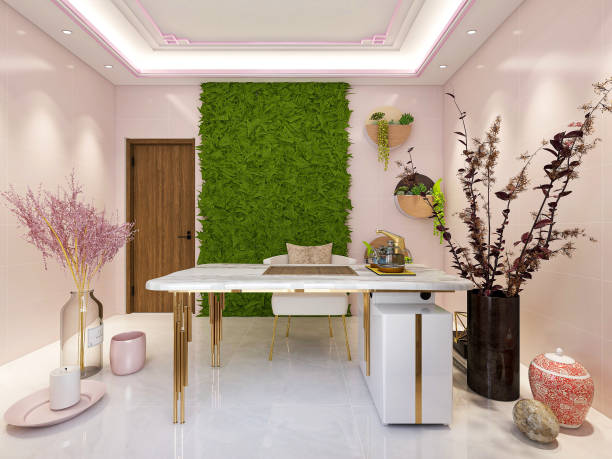 istock 3D rendering, closed pink balcony with table and green plants 1212704851