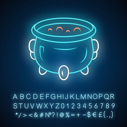 Witch cauldron neon light icon. Brew potion. Wicked witchcraft & sorcery. Witch soup. Iron pot, boiler with boiling magical poison, liquid. Glowing alphabet, numbers. Vector isolated illustration