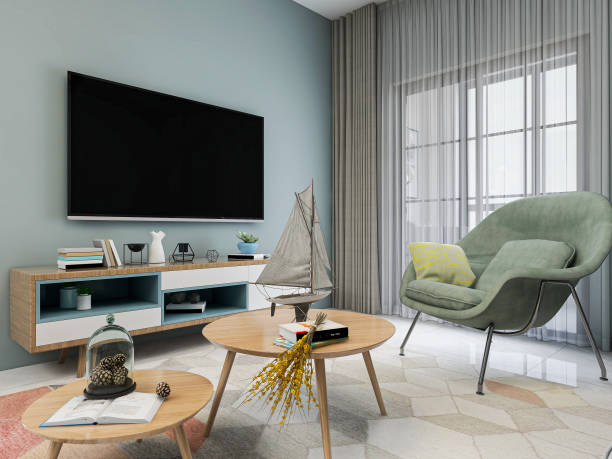 istock 3D rendering, modern design minimalist style living room design with sofa, table and TV 1212707382