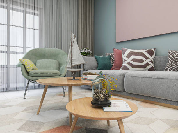 istock 3D rendering, modern design minimalist style living room design with sofa, table and TV 1212707389