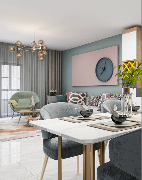 istock 3D rendering, modern design minimalist style living room design with sofa, table and TV 1212707402