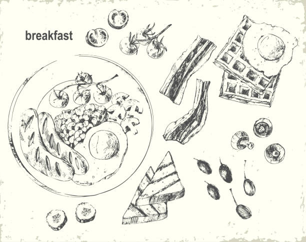 Hand drawn chalk breakfast menu illustration Hand drawn ink breakfast menu illustration. English breakfast with fried egg, sausages, beans, mushrooms, tomatoes, bacon,  toast, wafles. english breakfast stock illustrations