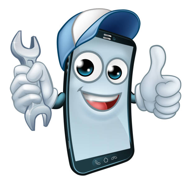 Mobile Phone Repair Spanner Thumbs Up Mascot A mobile phone repair service or perhaps plumber or mechanic app cartoon character mascot holding spanner and giving a thumbs up. plumber tablet stock illustrations