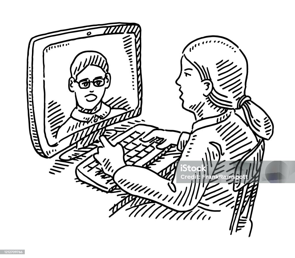 Computer Facetime Drawing Woman At Computer Video Call Drawing Stock Illustration - Download ...