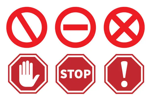 Vector illustration of Stop icon sign. Set symbol. Red color signboard symbol. Isolated vector illustration.