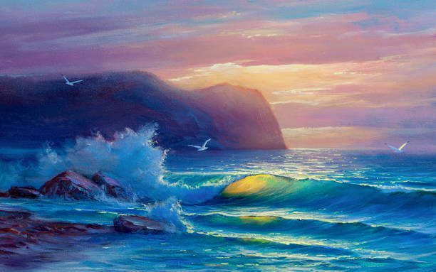 istock Sunset on the sea, painting by oil on canvas. 1212711477