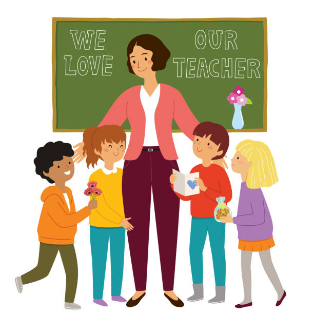 Kids appreciating their teacher Teachers day at school. Kids give flowers and presents to their loving teacher and show their appreciation. teacher stock illustrations